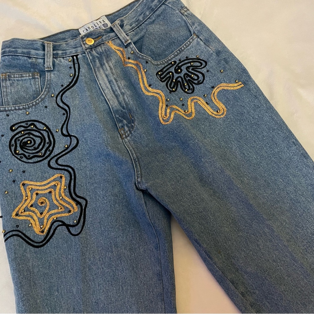 Vintage 90s Applique‎ Floral Beaded High Waist Jeans